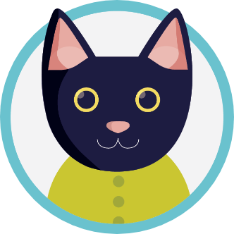 Illustrated headshot of a black cat wearing a sweater