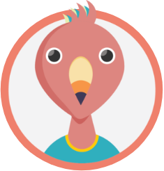 Illustrated headshot of a flamingo wearing a blue t-shirt
